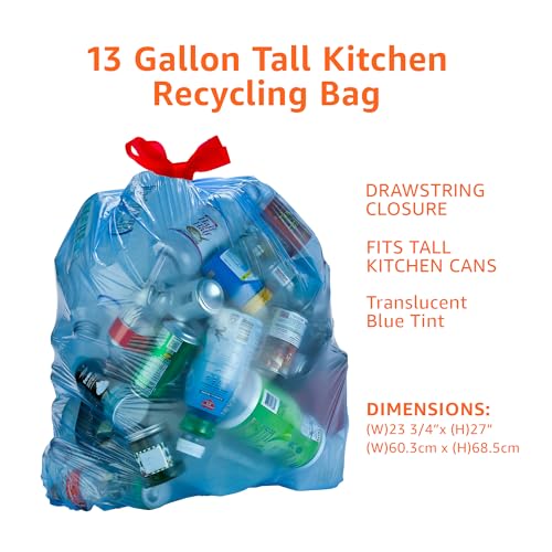 Amazon Basics 13 Gallon Recycling Trash Bags, Blue Drawstring, 60 Count