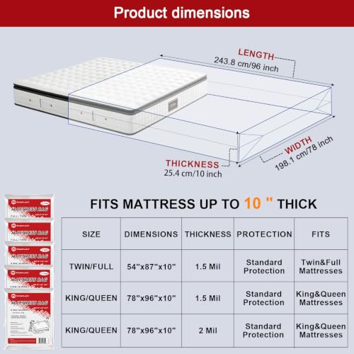 Kingplast Mattress Moving Bag - Queen/King Size, 2-Pack, 1.5 Mil Heavy Duty