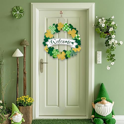 St. Patrick's Day Shamrock Wooden Wreath - Green Clover Welcome Sign