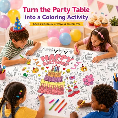 Happy Birthday Giant Coloring Tablecloth - 28x72 Inch Kids Party Poster