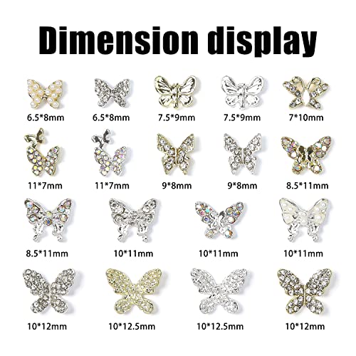 WOKOTO 36 Pcs 3D Butterfly Nail Charms Gold and Silver Rhinestones