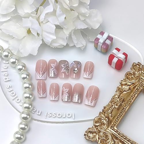 Flower Press On Nails Medium Square White French Tip Fake Nails with 3D Rhinestones