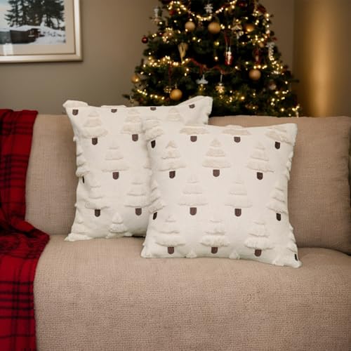 PARBEE Christmas Throw Pillow Covers 2-Pack, 18x18 Inch Fluffy Sherpa with Tree Embroidery
