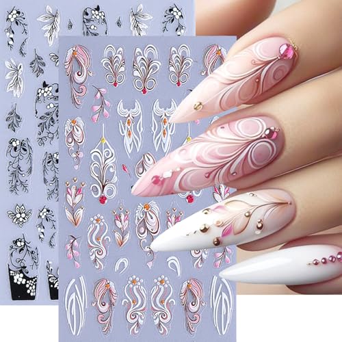 3D Embossed Floral Vine Nail Art Stickers - Retro Black White Pink Nail Decals