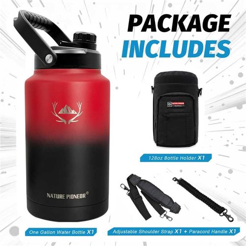 NATURE PIONEOR 1 Gallon Insulated Water Bottle - Double Vacuum Stainless Steel 128 oz Water Bottle with Holder/Carrier, Wide Mouth 1 gallon Water Jug for Outdoor Sports, Hiking, Camping, Gym