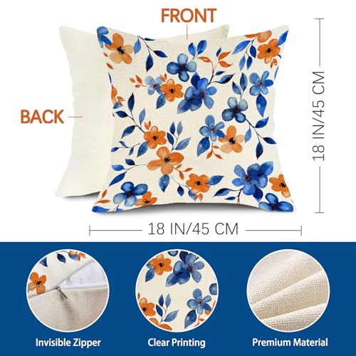 Blue Orange Flowers Decorative Throw Pillow Covers - Set of 4, 18x18
