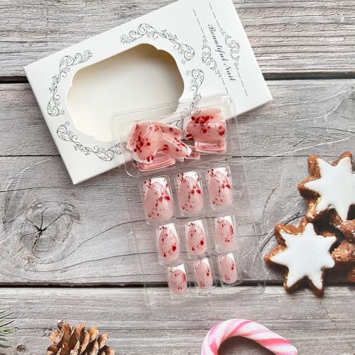 GLINLS Halloween Press on Nails Medium Square Bloody White French Tip False Nails