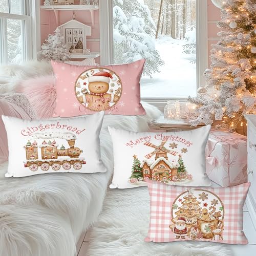 Christmas Throw Pillow Covers Set of 4 - 12x20 Pink Decorative Cushions