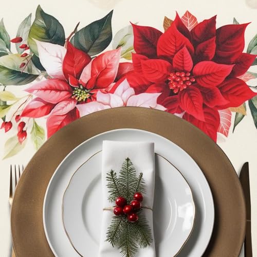 Waterproof Christmas Tablecloth - Red Holly & Tree Design, 60x60 Inch Round - Christmas Holiday Decor