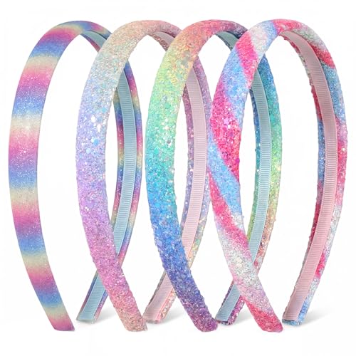 HJZHII 4Pcs Glitter Sequin Rainbow Headbands for Girls Non-Slip Hair Bands