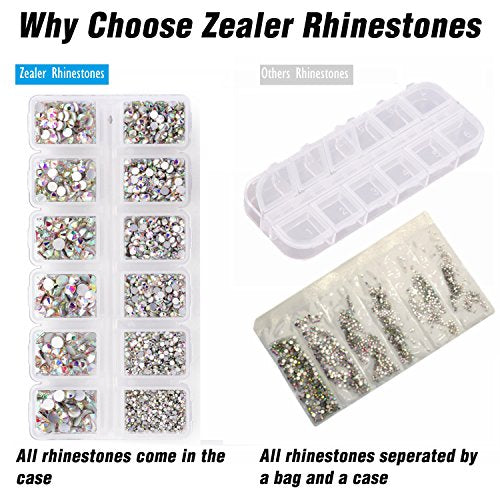 Zealer 1800pcs Crystal AB Nail Rhinestones Flatback Glass Gems Mix Sizes