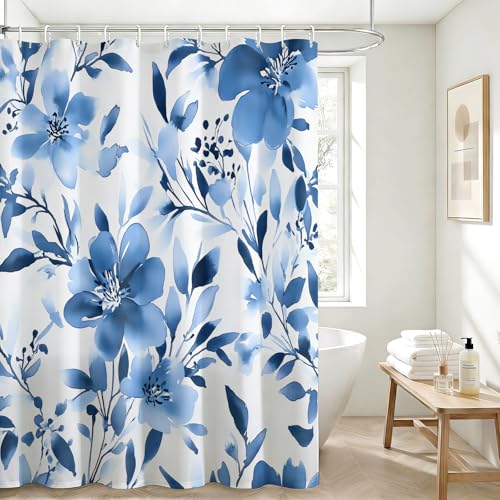 Blue Floral Shower Curtain, 72x72 Inch Watercolor Navy Botanical Bath Set
