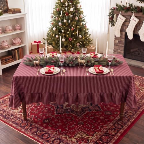 Eternal Beauty Christmas Red Striped Ruffled Tablecloth 60x120 Inches - Rectangle, Holiday Decor