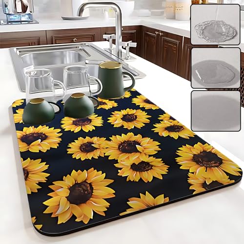 Sunflower Dish Drying Mat - Absorbent Rubber Kitchen Mat (12x16in)
