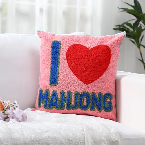 Pink Mahjong Style Throw Pillow - Towel Embroidered, 17.7''