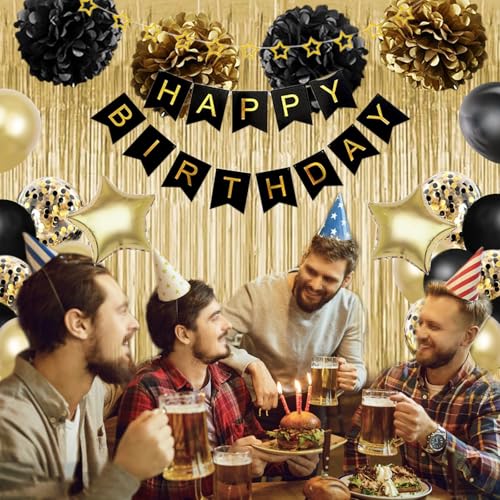 Black and Gold Birthday Decorations Kit with Balloons, Banner, and Backdrop