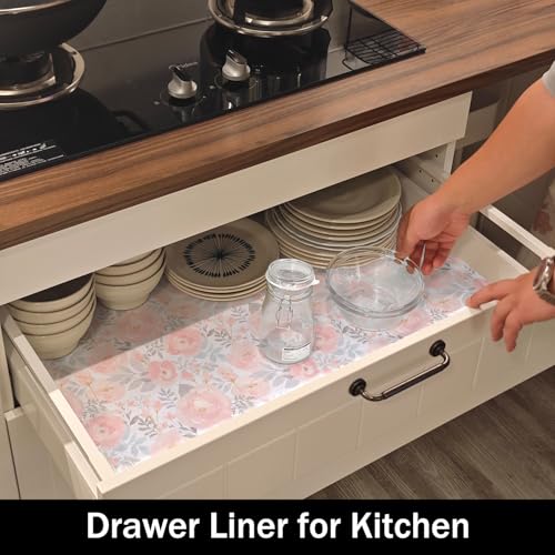 Amiitay Non-Slip Shelf Liner - 12" x 118" Pink Peony Floral Kitchen Liner