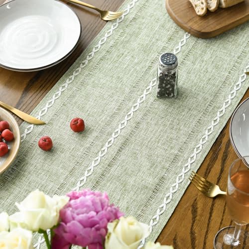Artoid Mode Sage Green Embroidered Table Runner, 13x36 Inch Cotton Blend