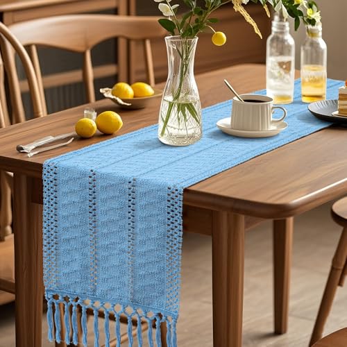 Boho Table Runner Blue Macrame with Tassels 12x60 Inches Rustic Farmhouse Decor
