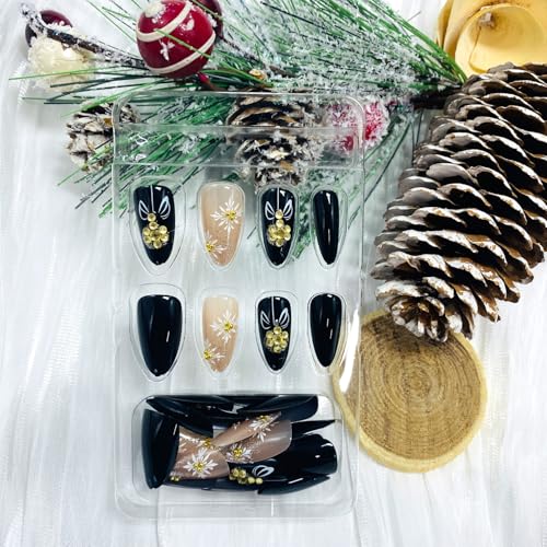 Christmas Press on Nails Medium Almond Fake Nails Glitter French Tip