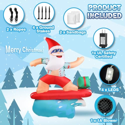 Gardentime 6.5FT Inflatable Santa Surfing Christmas Holiday Yard Decor with LED Lights