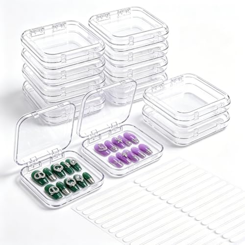 12 Pcs Clear Acrylic Press-On Nail Storage Boxes with Adhesive Tape