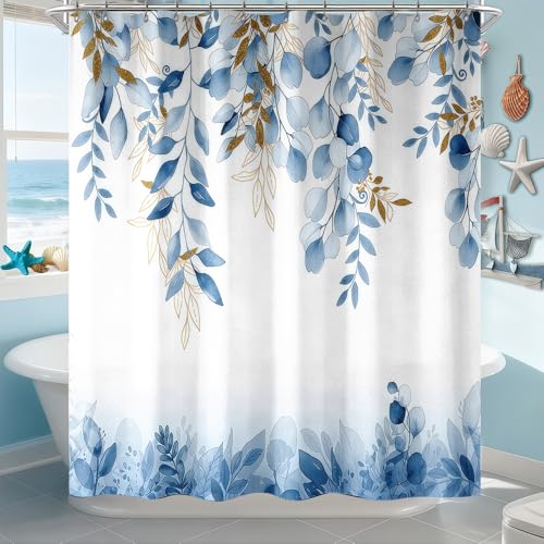 Blue and Gold Watercolor Shower Curtain - 72x72 Modern Abstract Bath Decor