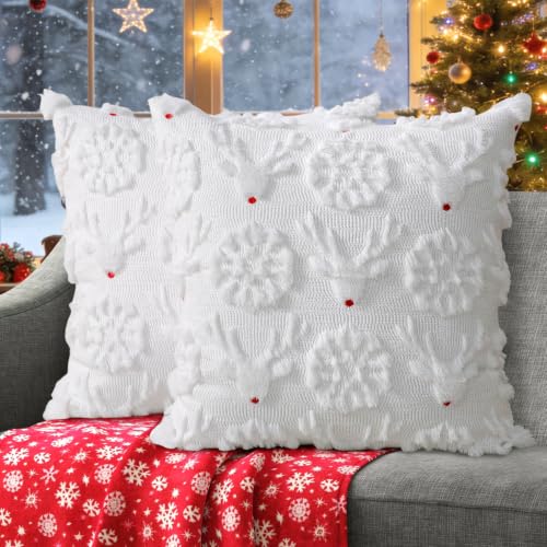 Coddsmz Christmas Decorative Pillow Covers 18x18 Inch Set of 2 - Snowflake & Deer Design