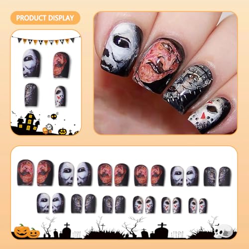 Halloween Press on Nails Black Glossy Short Square Fake Nails 24 Pcs