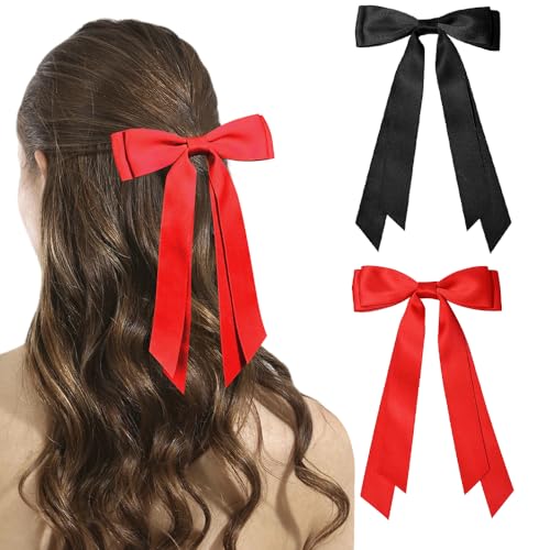 Ahoney 4 Pack Black and Red Satin Hair Bows with Long Tails and Clips