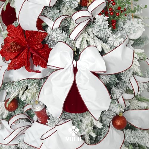 White & Red Edge Faux Dupioni Silk Wired Ribbon 4 Inch x 10 Yards - Christmas & Gift Wrap
