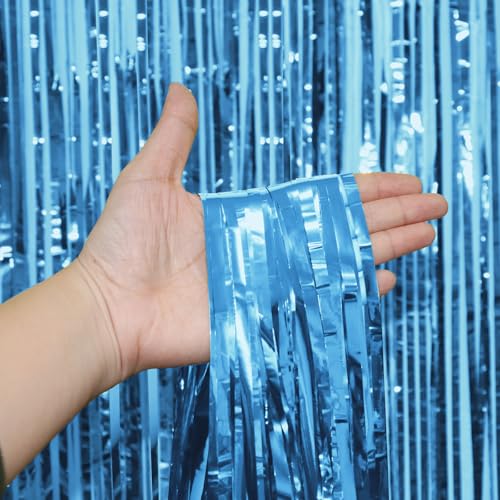 Sky Blue Foil Fringe Curtains 2-Pack - Tinsel Backdrop for Parties