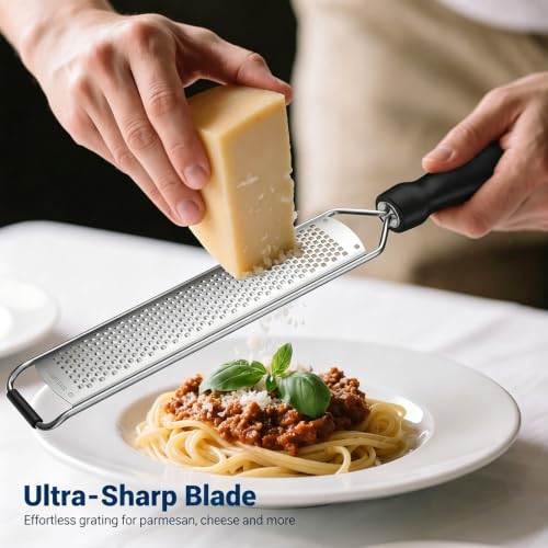 JOFUYU Stainless Steel Lemon Zester & Cheese Grater - Black, Non-Slip Handle