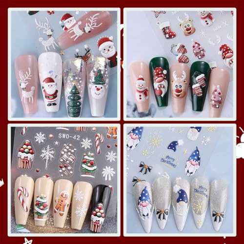 5D Embossed Christmas Nail Stickers Decals Santa Snowman 4 Sheets