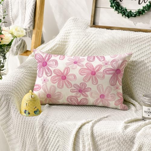 Spring Pink Daisy Throw Pillow Cover - 12x20 Inch Decorative Cushion