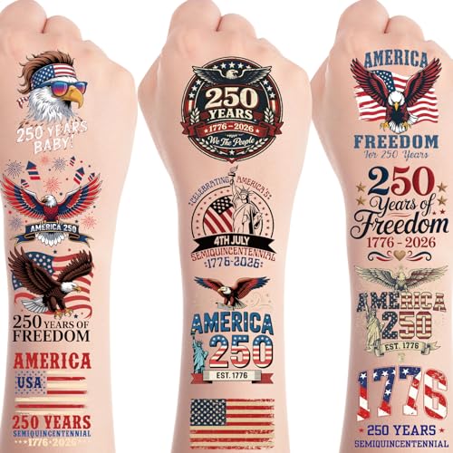 250th Anniversary Temporary Tattoos - 8 Sheets Patriotic USA Stickers