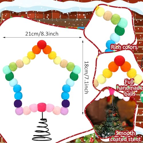 Rainbow Felt Ball Star Christmas Tree Topper 8.3 x 7.1 Inch - Festive Holiday Decoration