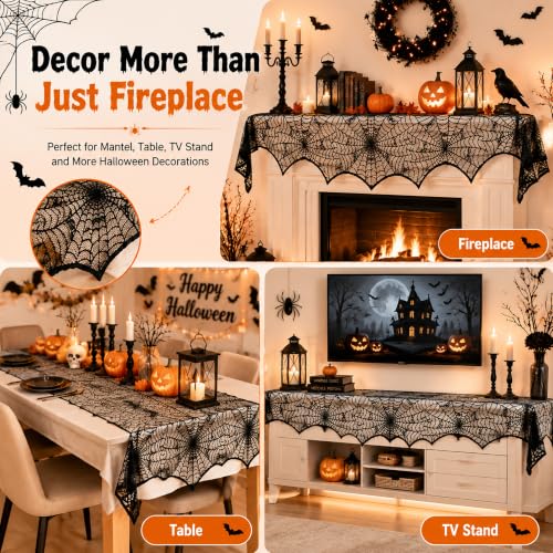 Halloween Black Lace Spiderweb Mantel Scarf - 18x96 Inch Decor