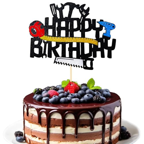 Tool Happy Birthday Cake Topper - Black Mechanic & Construction Party Decor