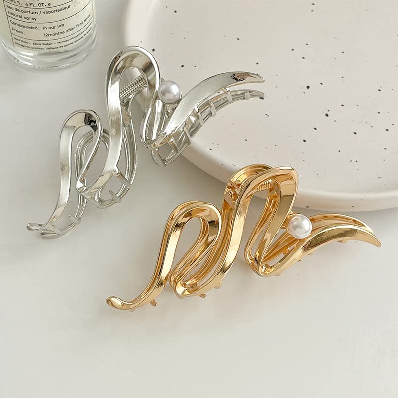 Silver Metallic Ribbon Pearl Hair Claw Clip Large Non-Slip Hair Clamp