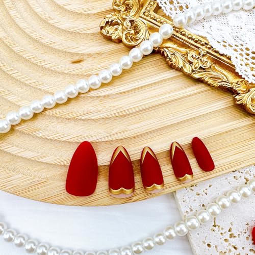 Red Press on Nails Medium Almond Fake Nails with Gold Heart Design