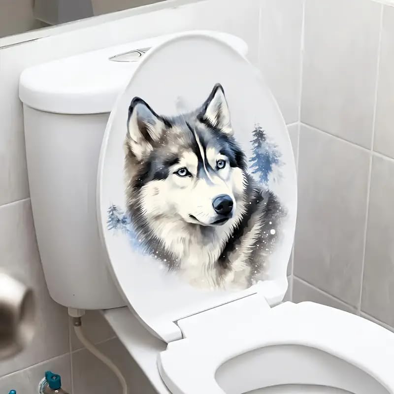Wolf and Floral Pattern Toilet Lid Decal - Waterproof Self-Adhesive Sticker