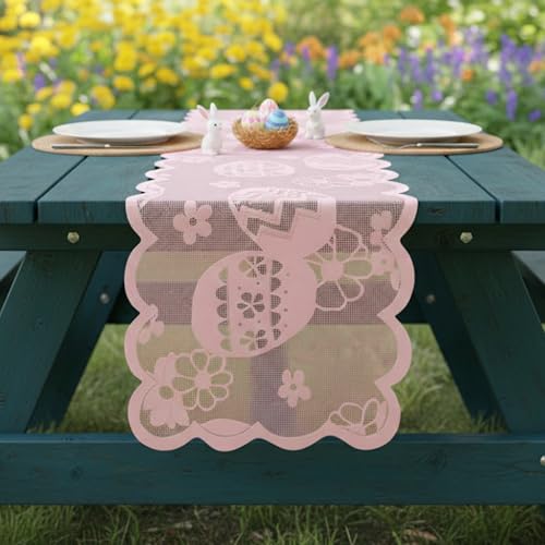 Elegant Pink Easter Lace Table Runner - 70.9x13.4 in