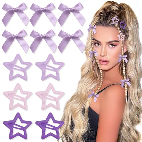 Purple Star and Satin Bow Hair Clips Set 12PCS Y2K Hair Accessories