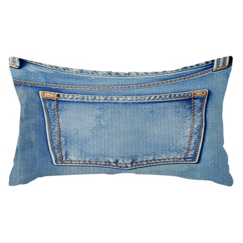12x20 Faux Denim Throw Pillow Cover with Printed Jean Pocket Design
