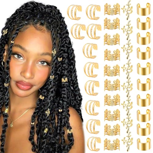 VENOFEN 40PCS Gold Hair Jewelry for Braids Multi Style Cuffs Rings
