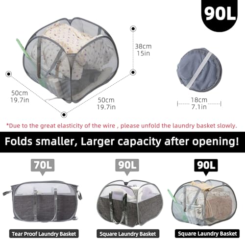 Hedonlee Collapsible Laundry Basket 90L Mesh Hamper with Handles - Square Mesh, Gray