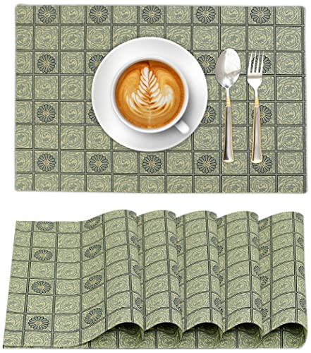 Cotton Placemat Set of 6 13x19 Inches Floral Tiles Reversible Table Mats