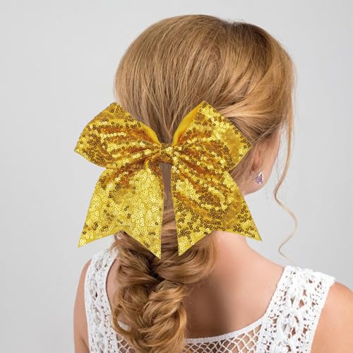 8 Inch Large Yellow Sequin Cheer Bow with Alligator Clip