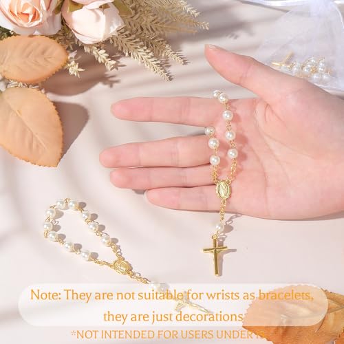 10-Set Gold Pearl Mini Rosary Beads with Organza Bags for Baptism Favors
